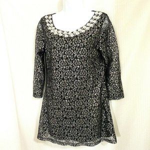 Black Silver Lace Embellished Metallic Top Blouse